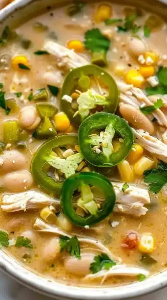 Delicious slow cooker white chicken chili with corn, served in a bowl.