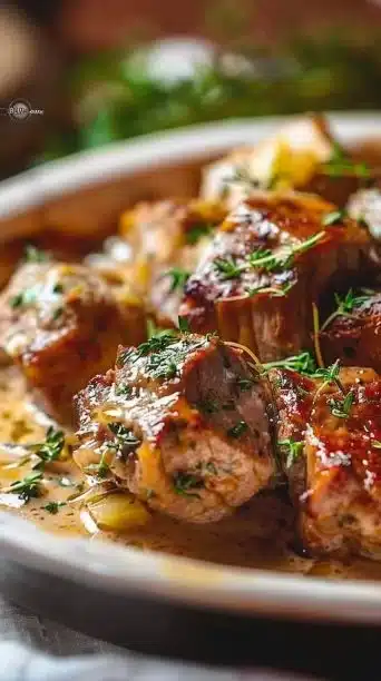 Delicious smothered beef chop casserole with scalloped potatoes