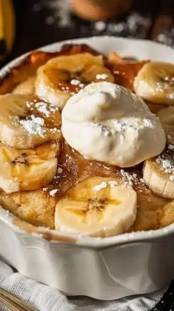 Delicious Southern Banana Cobbler served warm with a scoop of ice cream.
