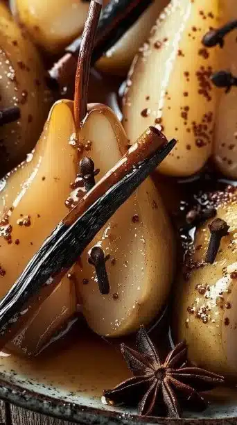 Delicious spiced pear compote served in a bowl with spices and fruit slices