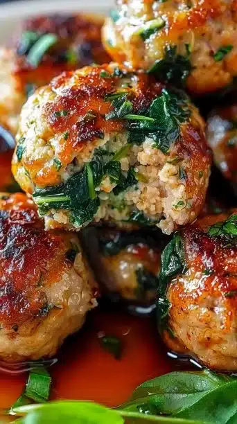 Delicious spinach garlic meatballs served on a plate with herbs.