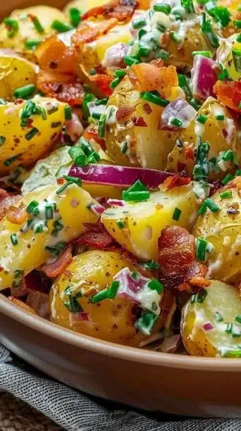 Delicious Steakhouse Potato Salad in a serving bowl, creamy and flavorful side dish.