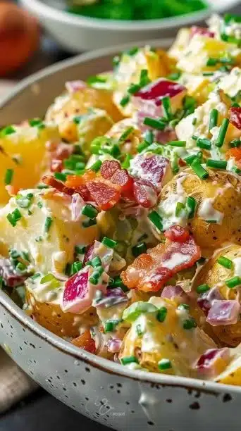 Creamy Steakhouse Potato Salad served in a bowl, garnished and ready to enjoy.