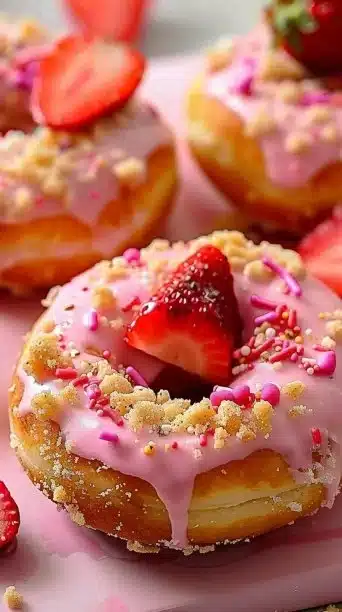 Delicious strawberry cheesecake donuts topped with strawberries and creamy icing