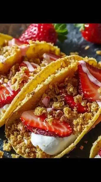 Strawberry Crunch Cheesecake Tacos with vibrant strawberry topping and crunchy crust.