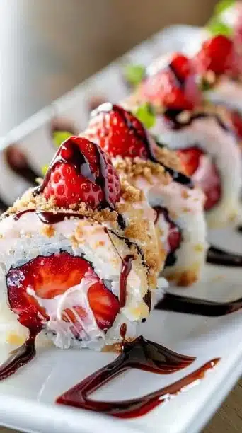 Strawberry Shortcake Cheesecake Sushi Rolls plated beautifully