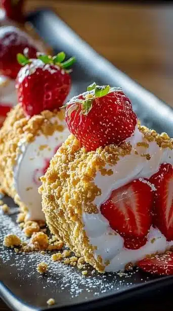 Strawberry shortcake cheesecake sushi rolls served on a plate