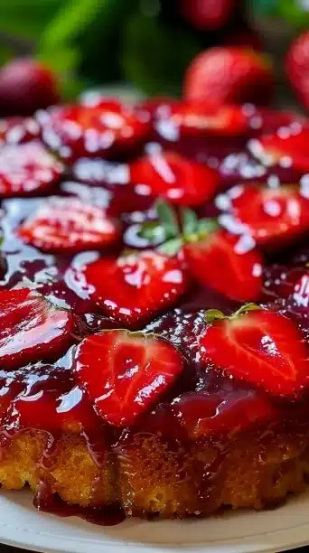 Delicious strawberry upside down cake with fresh strawberries on top