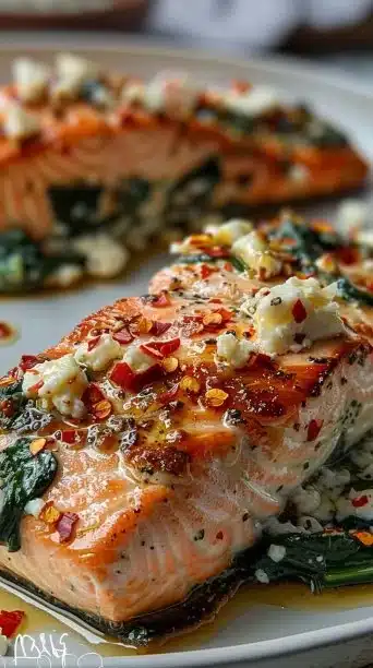 Delicious stuffed salmon fillet ready to serve