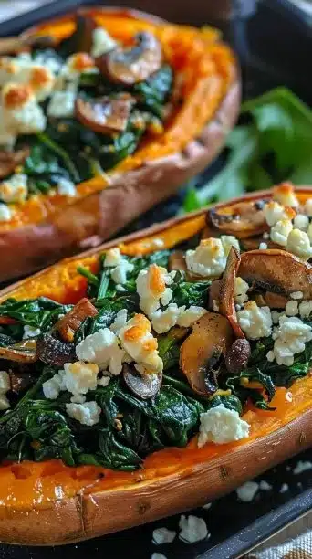 Stuffed Sweet Potatoes with Spinach, Mushroom, Feta, and Rosemary: The Perfect Cozy Savory Bake