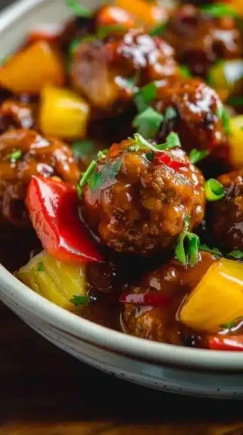 Delicious sweet and sour meatballs served in a rich sauce
