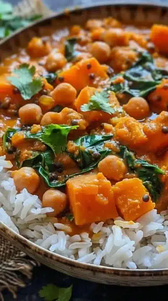 Delicious sweet potato and chickpea curry in a creamy sauce, perfect for plant-based diets.
