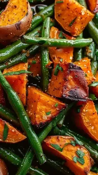 Sweet potato and green bean tray bake, a healthy and flavorful recipe dish