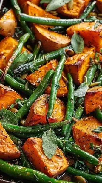 Sweet Potato Green Bean Tray Bake - a healthy and flavorful recipe.