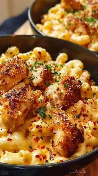 Sweet and spicy Honey Pepper Chicken Mac and Cheese Bake dish