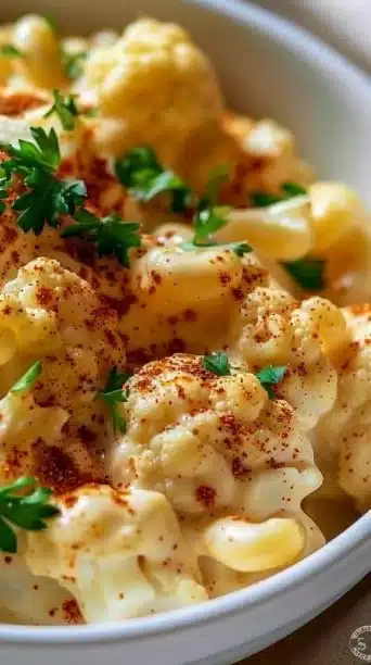 Delicious bowl of creamy cauliflower mac and cheese topped with herbs
