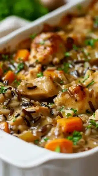 Creamy chicken wild rice casserole topped with herbs and baked to perfection
