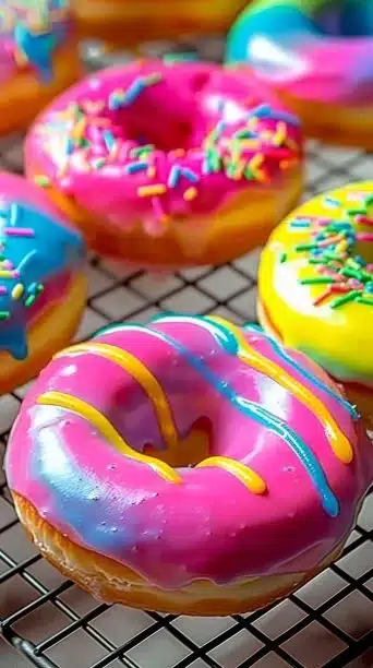 Colorful tie-dye rainbow donuts with vibrant icing and sprinkles