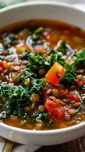 Delicious Tuscan Lentil and Kale Soup in a rustic bowl