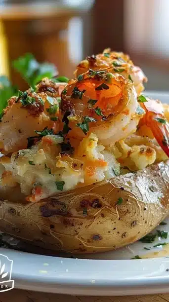 Twice baked seafood stuffed potatoes topped with cheese and herbs