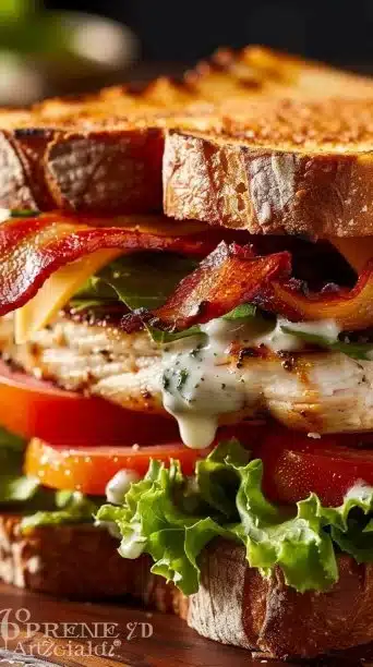 Ultimate Loaded Chicken Club Sandwich With Crispy Beef Bacon And Avocado Ranch Spread