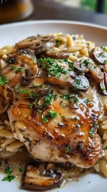 Plate of Marsala Chicken Orzo featuring vibrant ingredients and rich sauce.