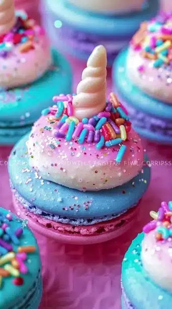Colorful Unicorn Macarons displayed on a pastel background.