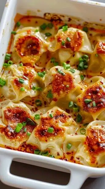Vegan baked dumplings fresh out of the oven, golden and crispy