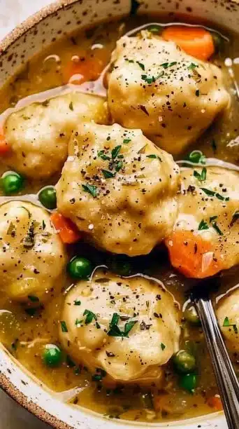 Vegan chicken and dumplings served in a bowl with fresh herbs on top