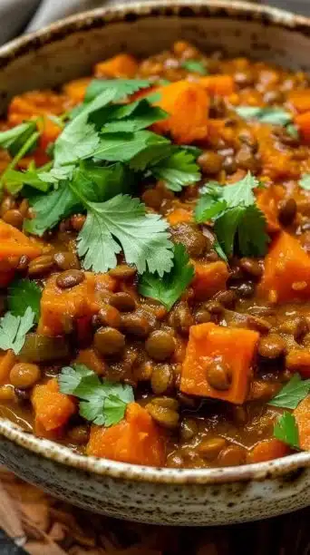 Delicious vegan crockpot lentil curry served in a bowl with spices and herbs