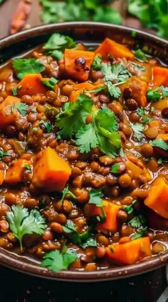Vegan Crockpot Lentil Curry in a bowl garnished with fresh herbs