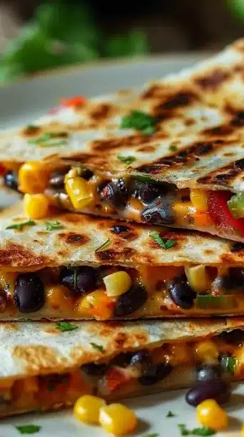 Vegan quesadillas filled with black beans and fresh avocado slices