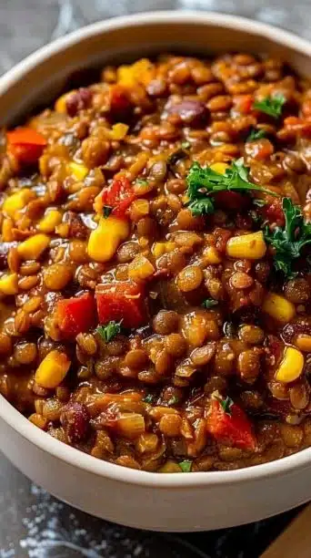 Colorful Vegetarian Mexican Lentils served in a bowl with cilantro garnish