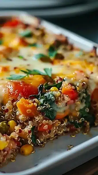 Veggie packed quinoa casserole with colorful vegetables in a baking dish