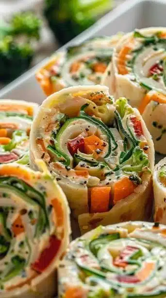 Colorful veggie pinwheels filled with fresh vegetables and spread.