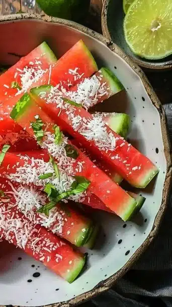 Delicious watermelon fries with a coconut lime dip on a plate.