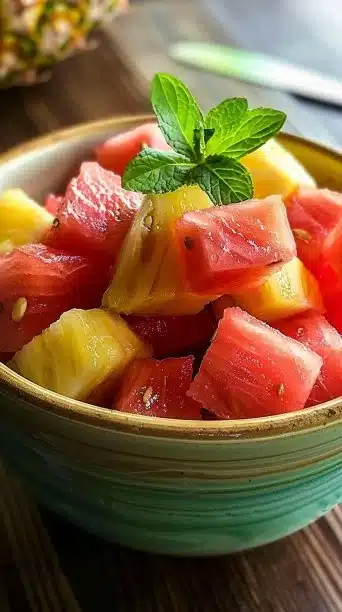 Colorful Watermelon Pineapple Salad served in a bowl