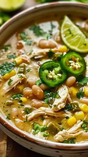 Bowl of delicious white chicken chili with toppings