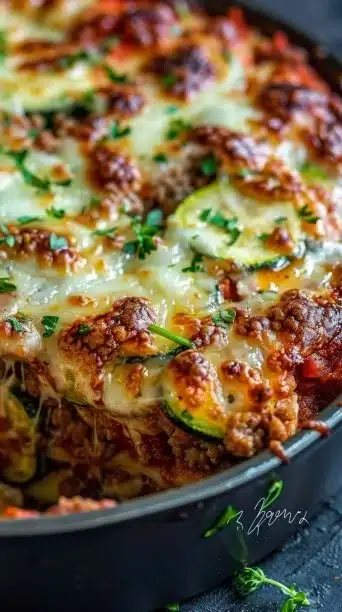 Healthy zucchini pizza casserole with cheese and vegetables
