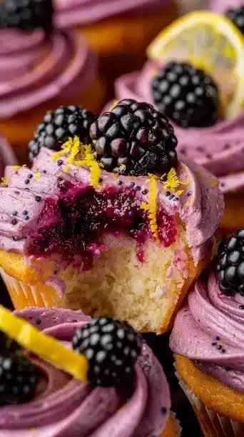 Bursting with Brightness: Lemon Berry Poppy Cupcakes with Blackberry Filling and Purple Frosting