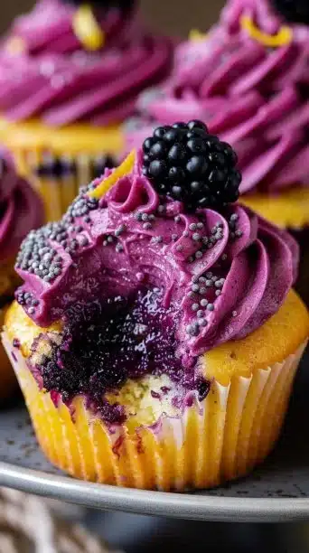 Bursting with Brightness: Lemon Berry Poppy Cupcakes with Blackberry Filling and Purple Frosting