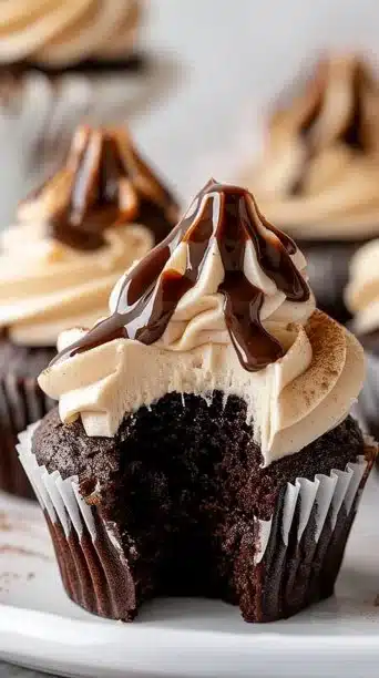 Coffee Cream Filled Chocolate Cupcakes with Espresso Buttercream and Ganache Drizzle