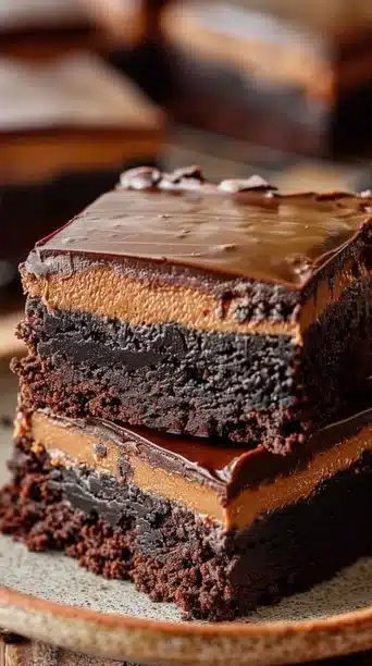 Delicious coffee fudge brownies on a wooden serving board