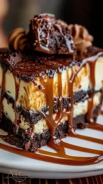 Delicious fudge brownie cheesecake slice topped with chocolate drizzle