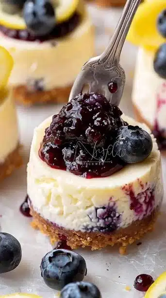 Mini lemon blueberry cheesecakes topped with fresh blueberries and lemon zest