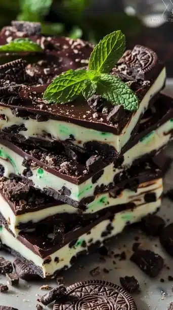 Delicious Mint Oreo Bark dessert with layers of mint and crushed Oreos.