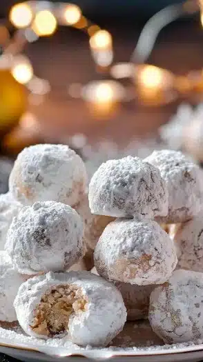 Delicious Walnut Snowball Cookies dusted with powdered sugar on a plate.